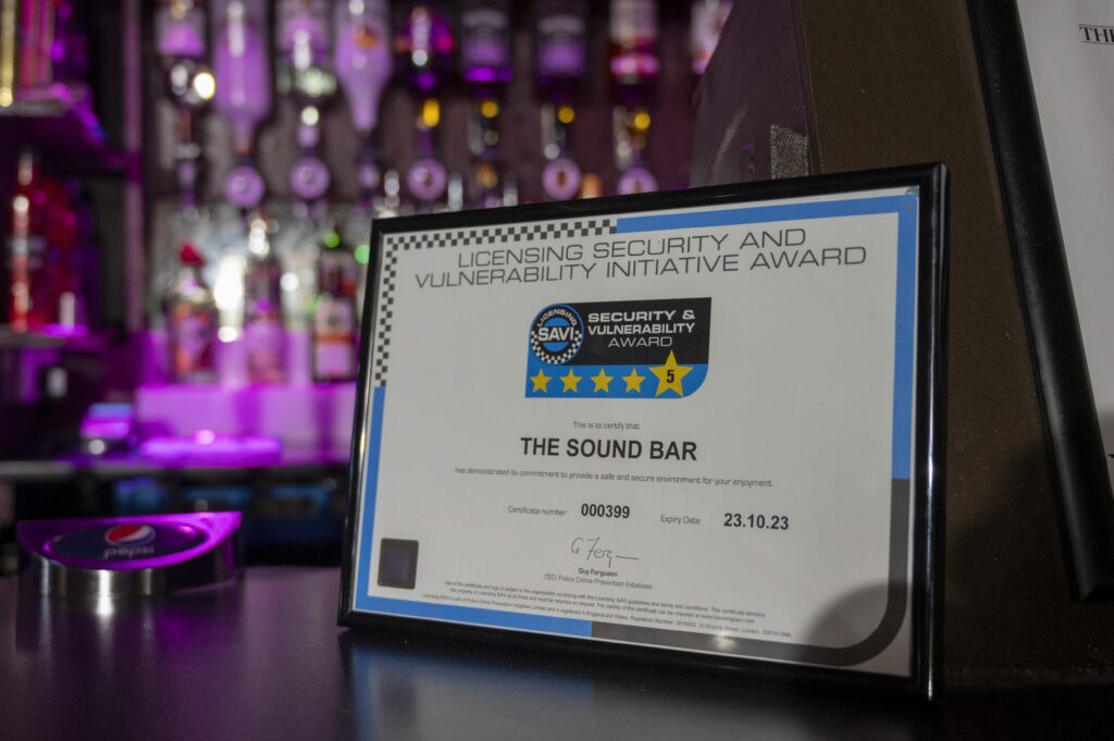 A certificate showing the Licensing Savi certificate which premises can display