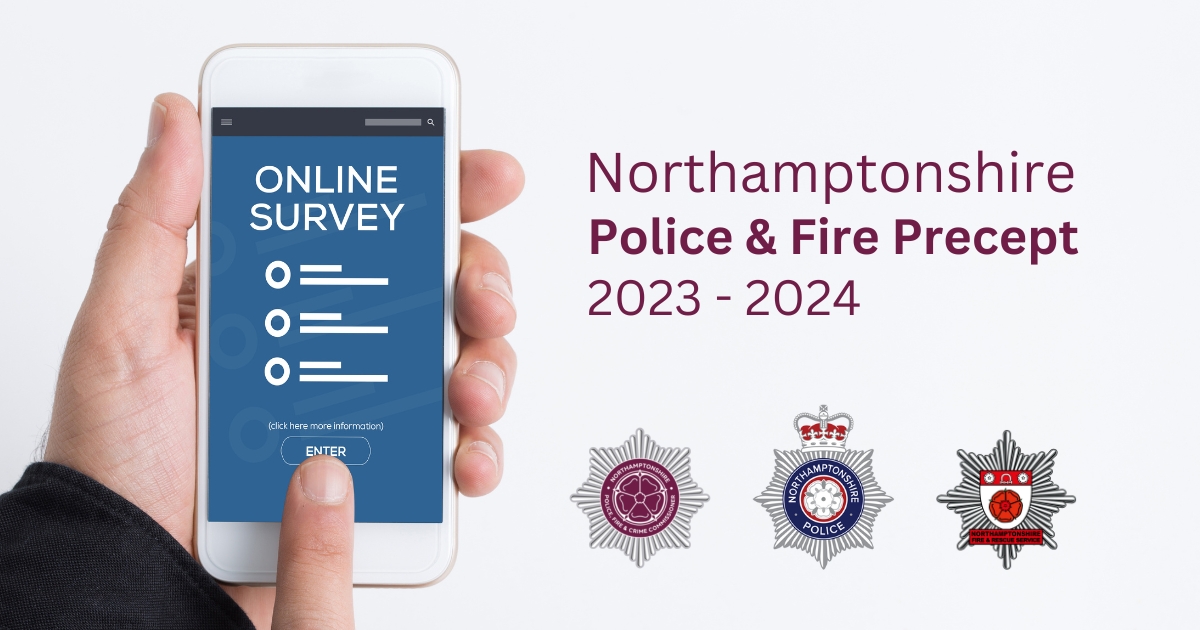 Northamptonshire Police & Fire Precept 2023-2024 with the Northamptonshire OPFCC Logo, Northamptonshire Police Logo and Northamptonshire Fire and Rescue Logo