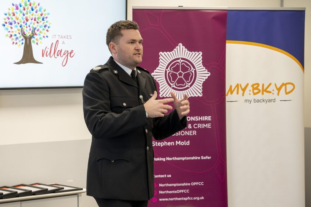 Assistant Chief Officer Ash Tuckley speaks to businesses during the event at Darby House to celebrate the MY:BK:YD scheme