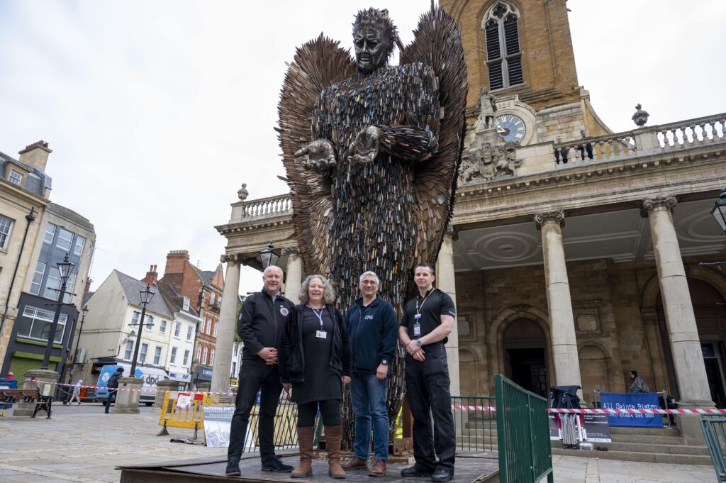 The Knife Angel sculpture with PFCC Stephen Mold, Superintendent Adam Ward, Mike Monk of Northampton Street Pastors and Angie Kennedy from Crime to Christ charity, pictured outside All Saints church in Northampton