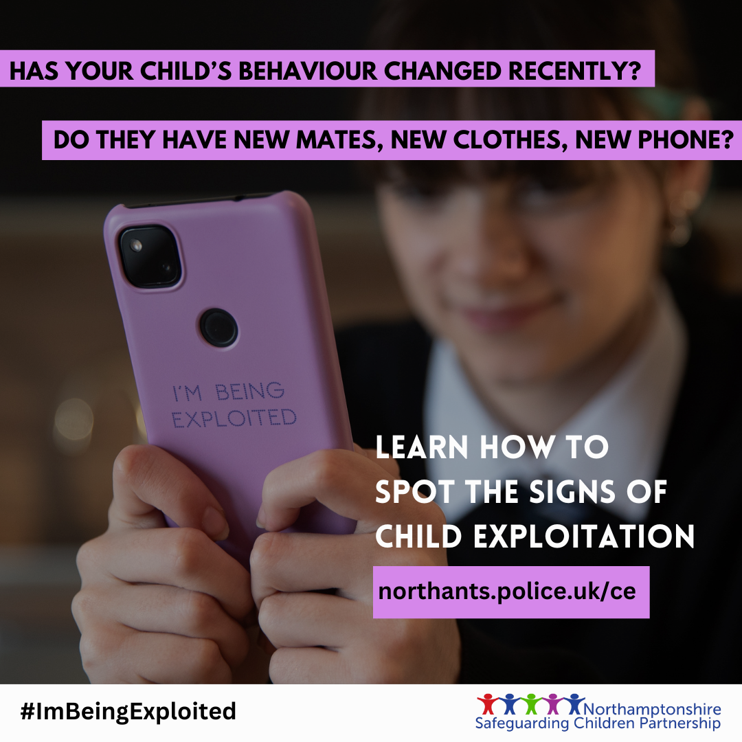 Girl on a mobile phone with sentence reading learn how to spot the signs of child exploitation