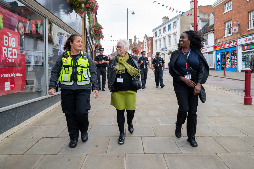 Daventry Town Council Community Ranger Charlotte Jones, Northants Police, Fire & Crime Commissioner Danielle Stone and Deputy Police, Fire & Crime Commissioner Marianne Kimani in Daventry.