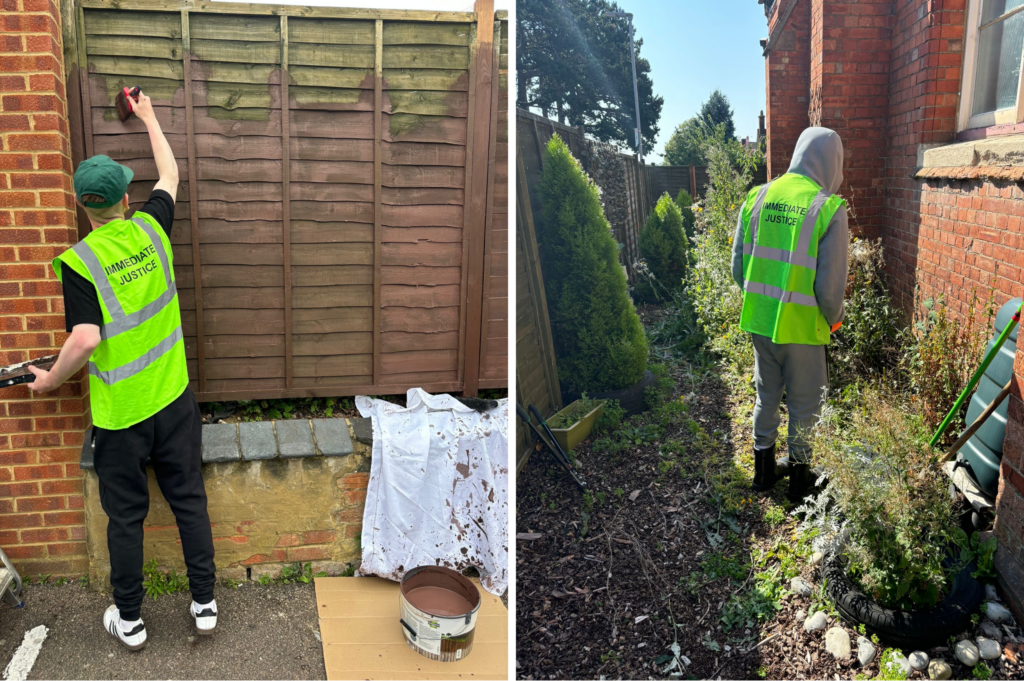 Two offenders painting a fence and tidying up a garden