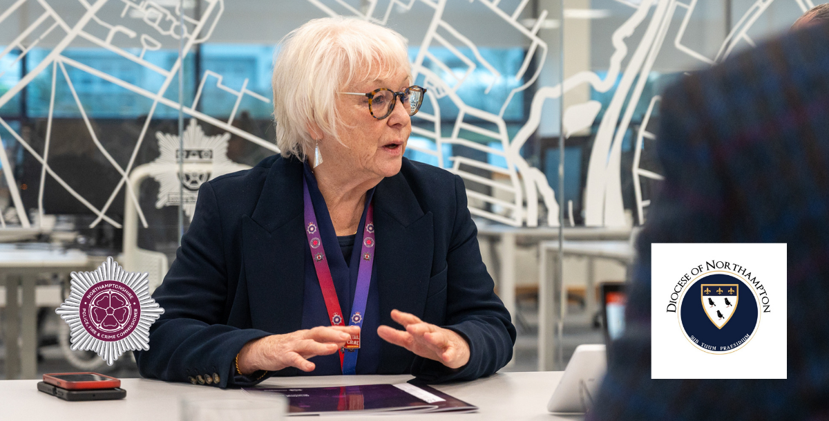 Police, Fire and Crime Commissioner Danielle Stone is shown sitting down in an office setting. In the bottom left hand corner is the logo for the Diocese of Northampton. In the right-hand corner is the logo for the Office of the Police, Fire and Crime Commissioner.