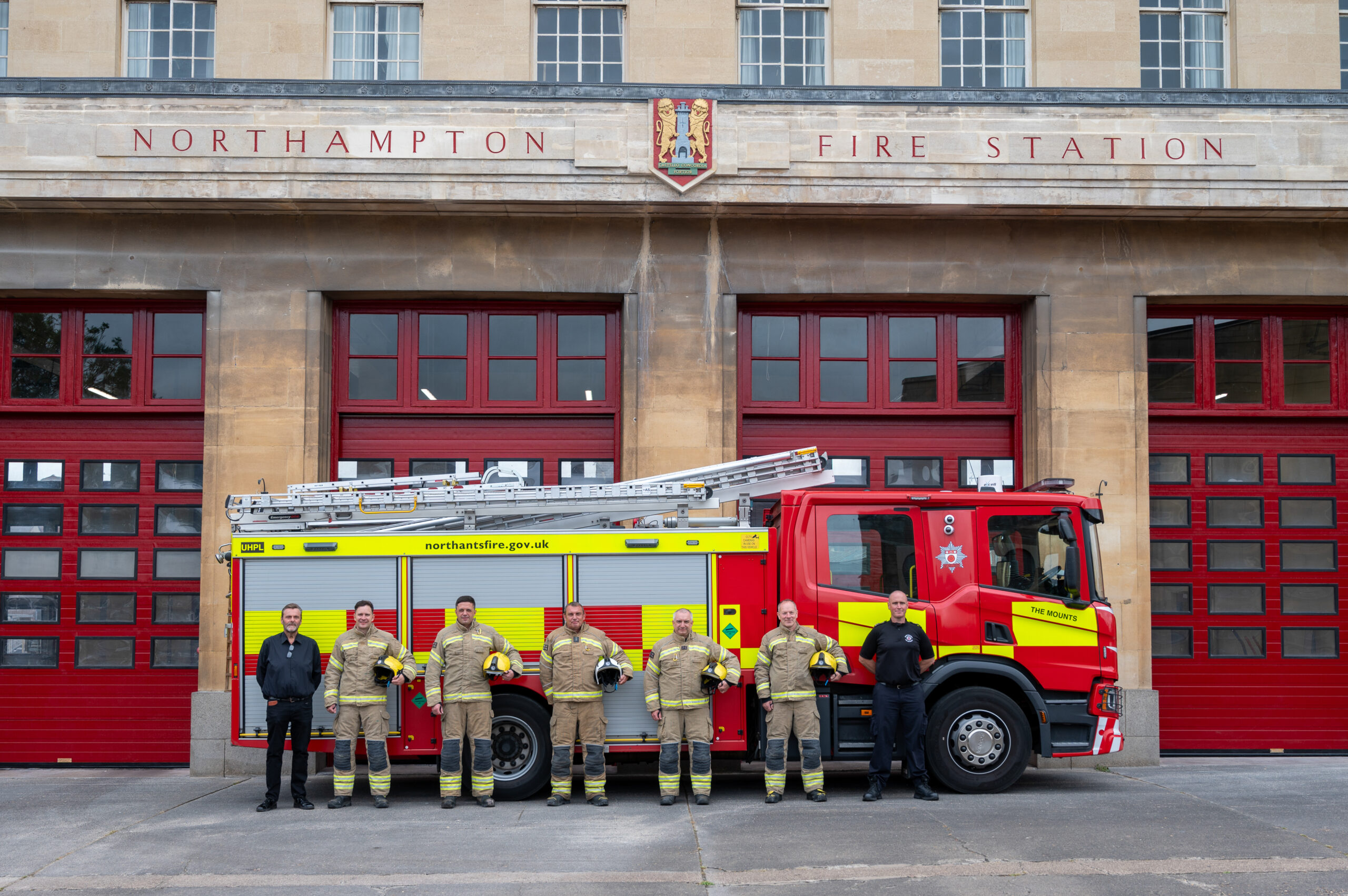 From left to right: Deputy Property Manager MJ, with The Mounts Red Watch crew Edd Bibb, Marc Bick, Watch Commander Ian Grant, Chris Evans, Vince Jolley and Station Commander Andy Luxton.