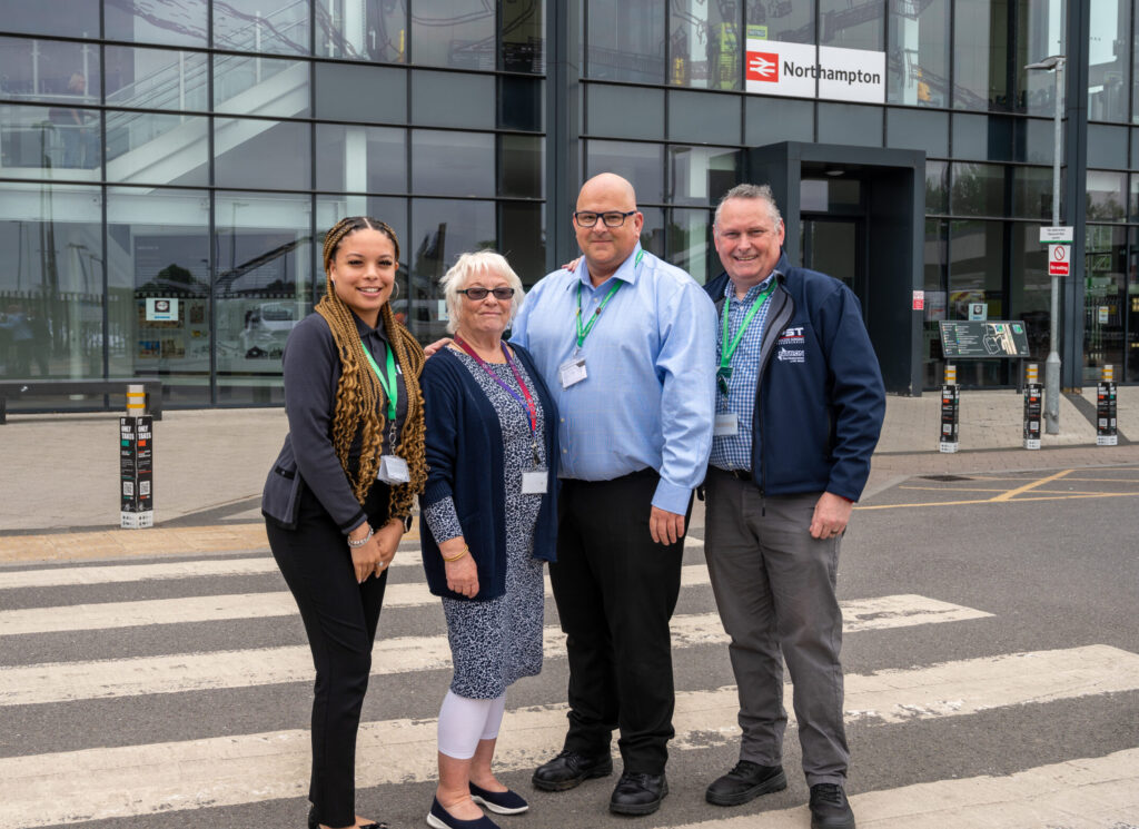 (From left to right) Ashanti Williams Retail Travel Advisor for London Northwestern, Danielle Stone Commissioner and Mark Thompson Customer Experience Manager and Gerry Howard Customer Experience Manager, pictured outside Northampton train station.