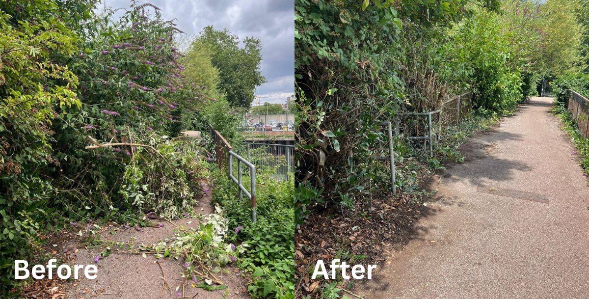 Branches were once overhanging the pathway before the Immediate Justice team cleared it up (see picture on the right).