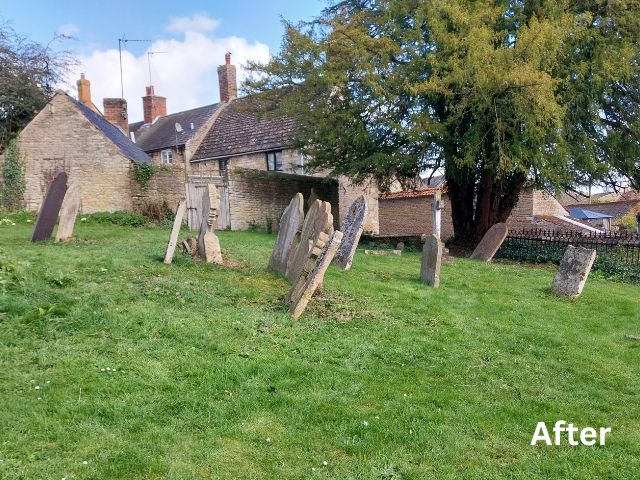 Cleared churchyard with rows of weathered gravestones standing on neatly cut grass, stone houses and a large tree in the background; the word ‘After’ appears in the bottom right corner.