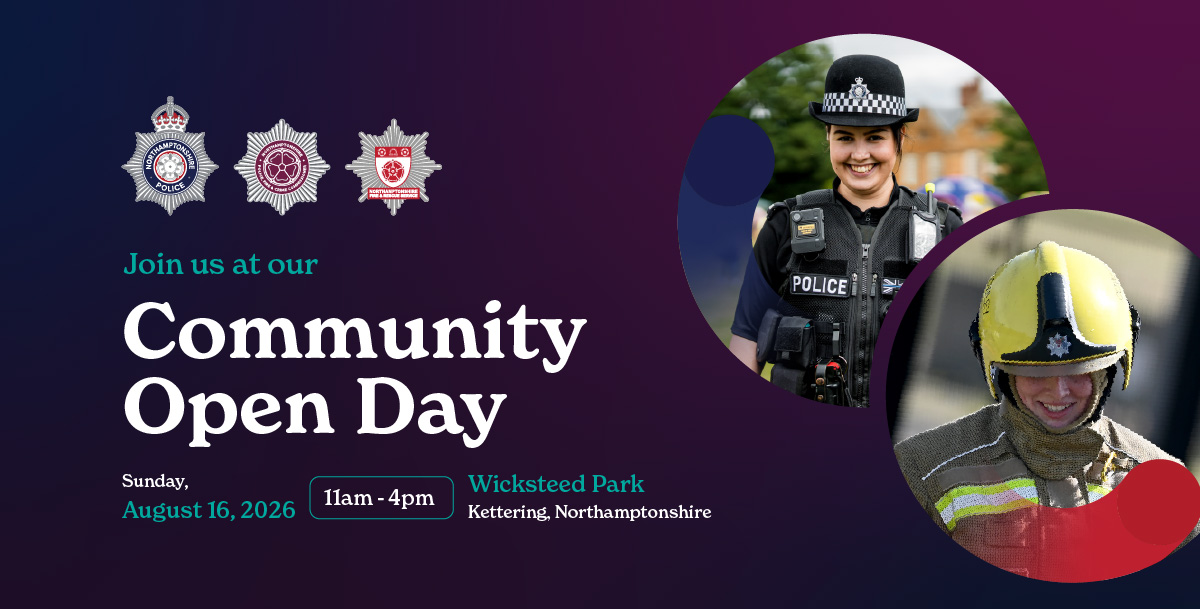 Promotional banner for a “Community Open Day” featuring emergency services logos at the top and large white text on a purple gradient background. Event details read: “August 16, 2026, 11am–4pm, Wicksteed Park.” On the right, two circular images show a uniformed police officer wearing protective gear and a firefighter in full helmet and turnout gear.