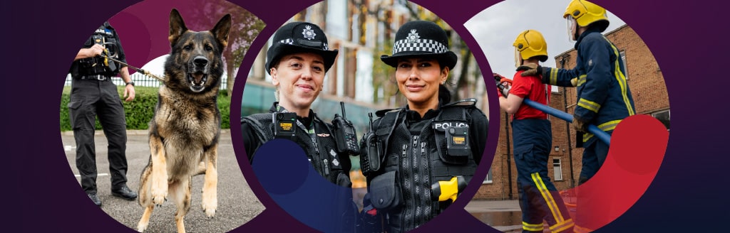 Banner-style image featuring three circular photos on a dark purple background. The left image shows a police dog standing beside a handler. The centre image shows two uniformed police officers standing side by side. The right image shows two firefighters in protective clothing handling a hose during a training or operational activity near a brick building. Decorative red and blue circular graphic overlays are positioned across the design.